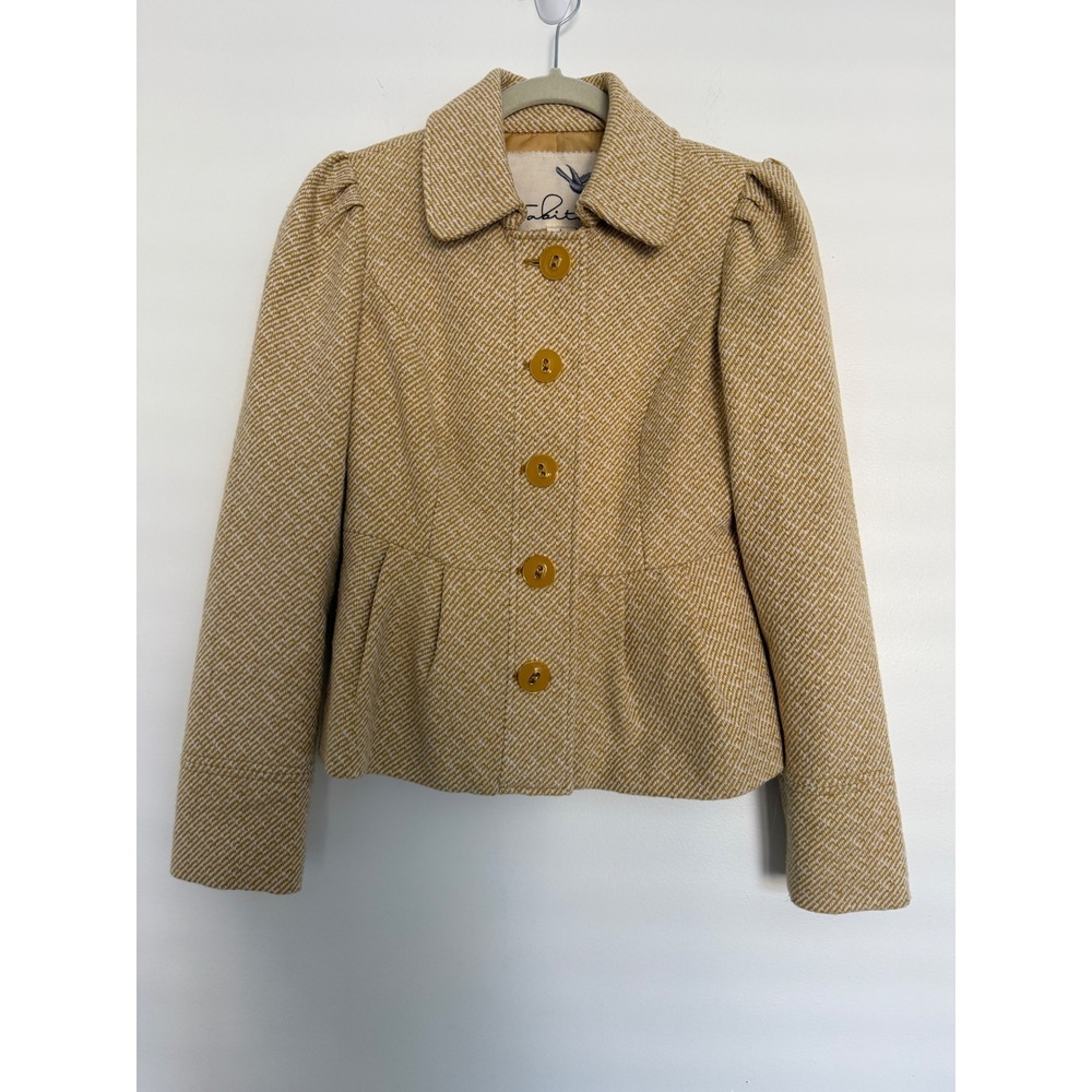 Tabitha Anthropology Women's Wool Blend Jacket Size 2 Yellow Tweed Peplum Preppy